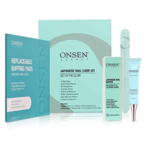 Onsen Japanese Nail Buffer and Shine Kit - Lima de uñas profesional, bloque de uñas de 3 vías con almohadillas de repuesto gratuitas y crema para cutículas fortalecedora de uñas para uñas saludables