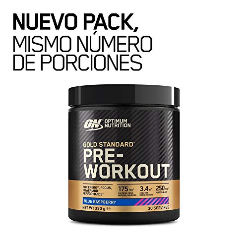 Optimum Nutrition Gold Standard Pre Workout en Polvo, Bebida Energética con Creatina Monohidratada, Beta Alanina, Cafeína y Vitamina B Complex, Frambuesa Azul, 30 Porciones, 330g