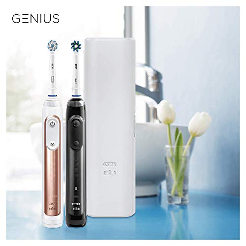 Oral-B Genius 10900N - Pack De 2 Cepillos De Dientes Eléctricos, 2 Mangos Negro y Rosa Oro Recargables Con Tecnología De Braun, 1 Estuche De Viaje, 6 Modos De Limpieza Dental