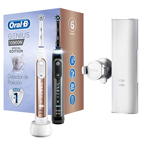 Oral-B Genius 10900N - Pack De 2 Cepillos De Dientes Eléctricos, 2 Mangos Negro y Rosa Oro Recargables Con Tecnología De Braun, 1 Estuche De Viaje, 6 Modos De Limpieza Dental