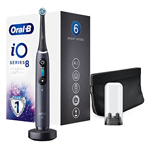 Oral-B iO 8 Cepillo de Dientes Eléctrico con Mango Recargable, Tecnología Magnética de Braun, 1 Cabezal de Recambio, Pantalla a Color, Cargador y Funda de Viaje Premium - Negro, Edición Especial