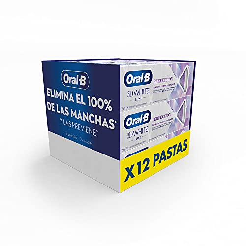 Oral-B Pasta de Dientes 3D White Luxe, Blanqueante y Quitamanchas (12 x 75ml), Dientes más Blancos y Aliento Fresco - Menta Fuerte