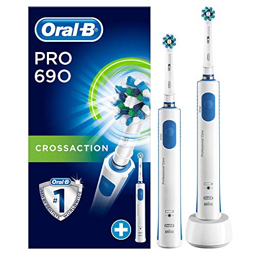 Oral-B PRO 690 CrossAction - Pack De 2 Cepillos De Dientes Eléctricos, 2 Mangos Blancos Recargables Con Tecnología De Braun, 1 Cabezal De Recambio