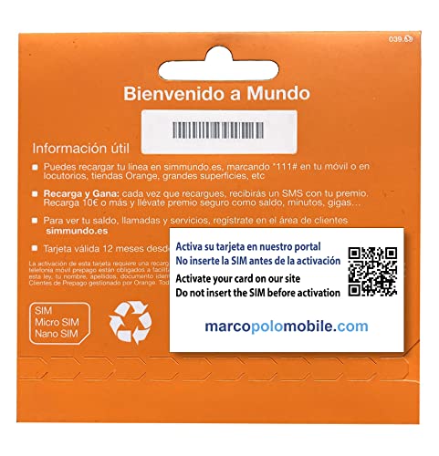 Orange Spain - Tarjeta SIM Prepago 10GB en España| 5€ de saldo | 5.000 Minutos Nacionales | 50 Minutos internacionales | Activación Online Solo en www.marcopolomobile.com