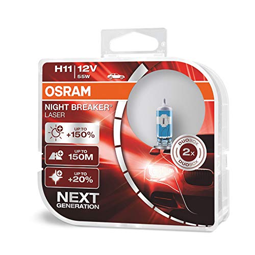 OSRAM NIGHT BREAKER LASER H11, +150% más de luz, lámpara halógena para faros, 64211NL-HCB, coche de 12 V, caja dúo (2 lámparas)