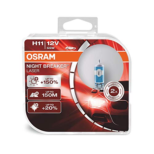 OSRAM NIGHT BREAKER LASER H11, +150% más de luz, lámpara halógena para faros, 64211NL-HCB, coche de 12 V, caja dúo (2 lámparas)