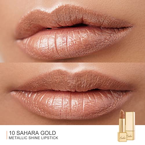 OULAC Metálico Brillar Pintalabios, Brillo 3D De larga duración Alto pigmentado y de alto impacto, Impermeable y resistente al sudor Color de maquillaje Lápiz Labial, 4.3 gr, Oro del Sahara (10)