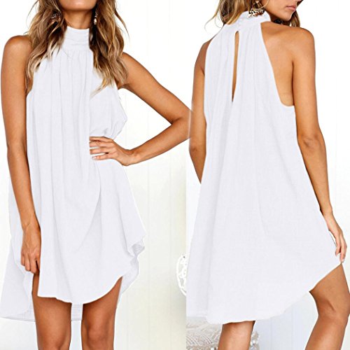 Overdose Vestido De Fiesta Sin Mangas De La Playa del Verano De Las SeñOras AlgodóN Y Lino Bohemio Suelto del Vestido Irregular De Las Mujeres (XL, Blanco)