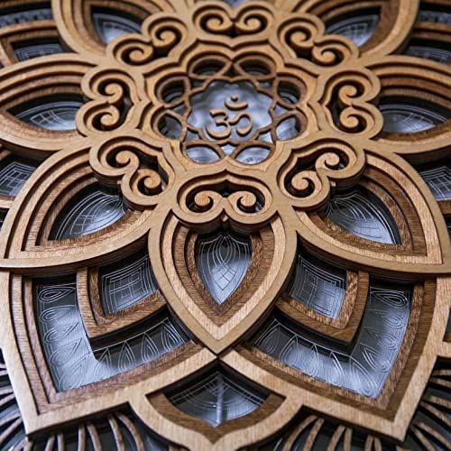 OWEISAUG Mandala Yoga Room Round Night Light, Lotus Flower Sculpture with Glowing LED, 3D Multilayered Laser Cut Carved LED, for Indoor Wall Hanging, Yoga Meditation Decor (A)