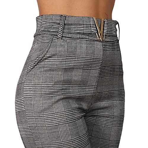 P8405 - Pantalones térmicos para mujer, cintura alta, diseño de cuadros, Gris 78077, L