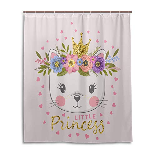 Pac Mac Lindo Gato Princesa con Corona y Corona Cortina de ducha para baño, Cortina de ducha de tela impermeable con ojales en forma de C, 152 x 183 cm