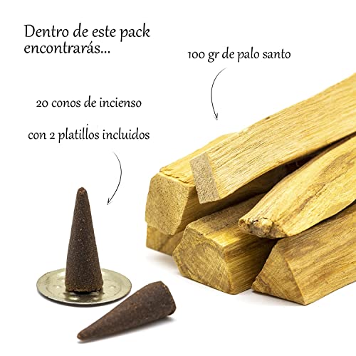 Pack Palo Santo para Quemar Sagrado de Perú 100 Gramos y 20 Conos de Incienso. Natural y Corte Artesanal.