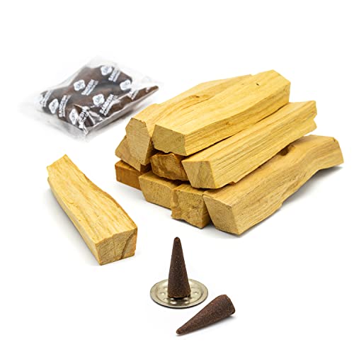 Pack Palo Santo para Quemar Sagrado de Perú 100 Gramos y 20 Conos de Incienso. Natural y Corte Artesanal.