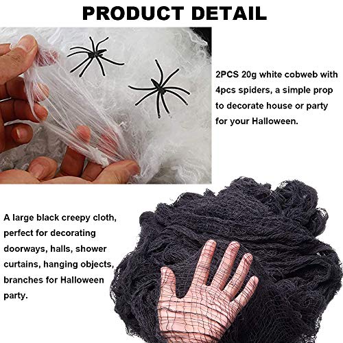 Paño Negro de Halloween, Bst4u Fantasma Festival Halloween Gasa PoliéSter AlgodóN Rejilla Grande DecoracióN 84.65 * 196.85 Pulgadas+2 PCS ArañA AlgodóN+4 PCS ArañA (Negro)