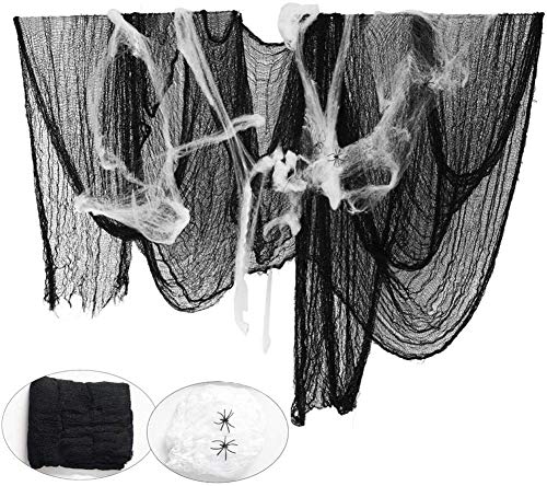 Paño Negro de Halloween, Bst4u Fantasma Festival Halloween Gasa PoliéSter AlgodóN Rejilla Grande DecoracióN 84.65 * 196.85 Pulgadas+2 PCS ArañA AlgodóN+4 PCS ArañA (Negro)