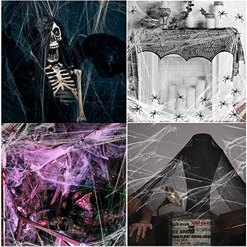 Paño Negro de Halloween, Bst4u Fantasma Festival Halloween Gasa PoliéSter AlgodóN Rejilla Grande DecoracióN 84.65 * 196.85 Pulgadas+2 PCS ArañA AlgodóN+4 PCS ArañA (Negro)