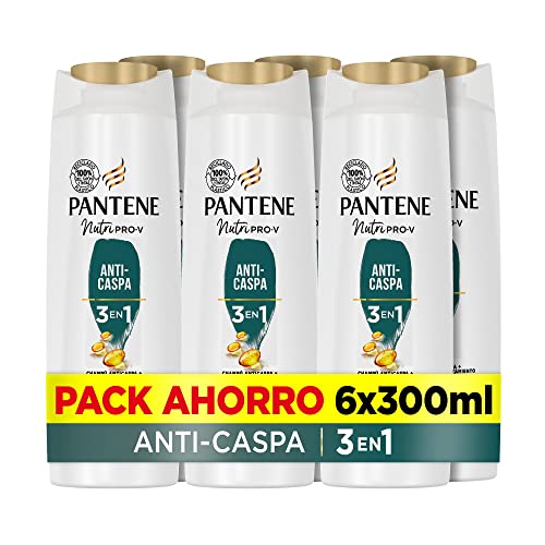 Pantene Champú Anticaspa + Acondicionador + Tratamiento 3en1 Pro-V, con fórmula Pro-V + antioxidantes, combate la caspa en tipo de cabello, 6 x 300 ML