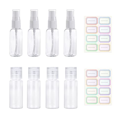 Paquete de 8 botellas de viaje transparentes de 20 ml, envase de aerosol portátil para mujeres y hombres, artículos de tocador recargables de viaje con 2 hojas de etiquetas gratis