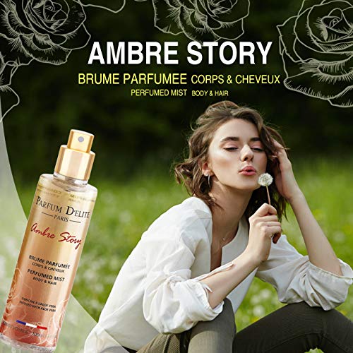 Parfum D’Elite Paris – Ambre Story – Bruma perfumada para cuerpo y cabello para mujer, enriquecida con aloe vera y de larga duración, 100 ml