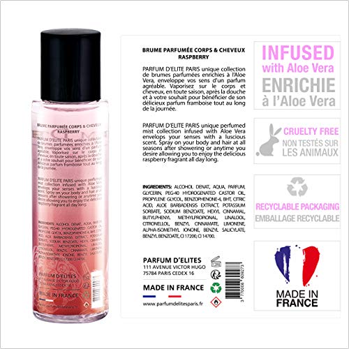 Parfum D’Elite Paris – Raspberry – Bruma perfumada para cuerpo y cabello para mujer, enriquecida con aloe vera, refrescante, tamaño de viaje de 100 ml