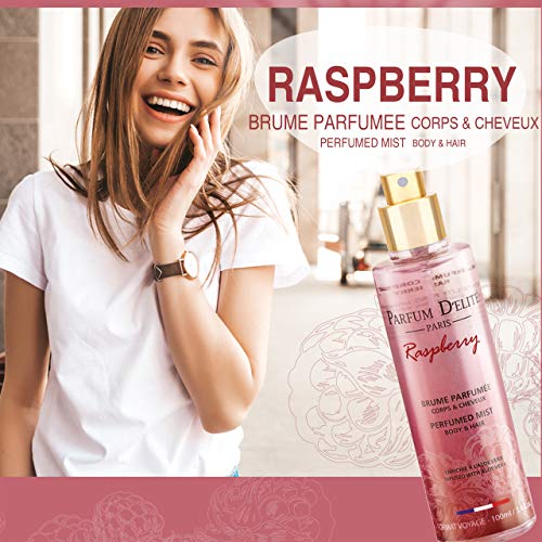 Parfum D’Elite Paris – Raspberry – Bruma perfumada para cuerpo y cabello para mujer, enriquecida con aloe vera, refrescante, tamaño de viaje de 100 ml