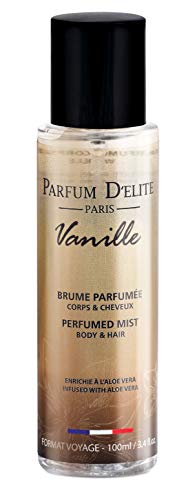 PARFUM D’ELITE PARIS – Vanille – Bruma perfumada para cuerpo y cabello Made in France para Mujer, enriquecida con aloe hidratante, 100 ml