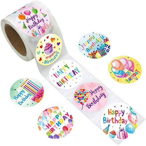 Pegatinas de acuarela con texto en inglés "Happy Birthday", 200 unidades por rollo, para decoración de fiestas infantiles.