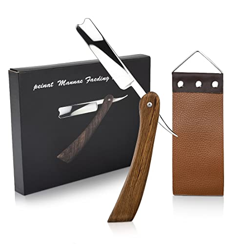 peinat Navaja Afeitar Barbero, Navaja Profesional Recta con Mango de Madera de Peral, Navaja de Afeitar para Afeitado Tradicional, Navaja Afeitar Barbero para Hombre Paño de Pulir Almacenamiento Pu