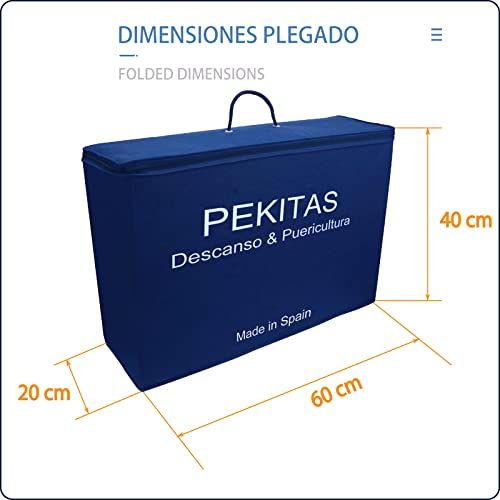 PEKITAS Colchón Cuna De Viaje Plegable 60x120 cm Grosor 6 cm - Funda de algodón lavable, transpirable, libre de toxicos,Color Azul Marino,Fabricado En España