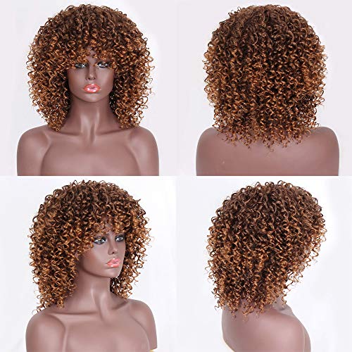 Pelucas sintéticas rizadas Afro para las mujeres negras Peluca rizada rizada rizada marrón corta Peluca Fluffy del aspecto natural a prueba de calor completa con el casquillo de la peluca