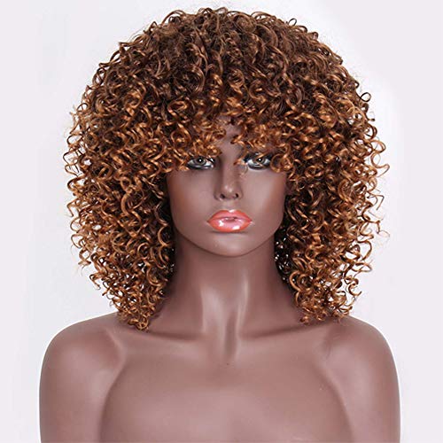 Pelucas sintéticas rizadas Afro para las mujeres negras Peluca rizada rizada rizada marrón corta Peluca Fluffy del aspecto natural a prueba de calor completa con el casquillo de la peluca