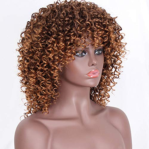 Pelucas sintéticas rizadas Afro para las mujeres negras Peluca rizada rizada rizada marrón corta Peluca Fluffy del aspecto natural a prueba de calor completa con el casquillo de la peluca