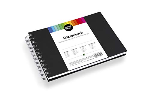 perfect ideaz Cuaderno de bocetos DIN-A5, 96 páginas (48 Hojas), Dibujo Profesional, Tapa Dura Negra, Encuadernado Anillas en Espiral con Papel en Blanco, 200 g, Cuaderno Negro en Blanco para Dibujar