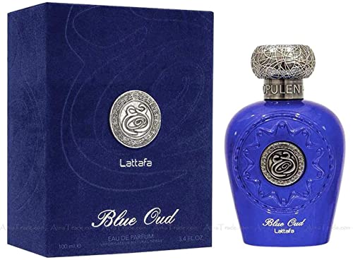 Perfume en spray Opulent Oud de Lattafa Halal Attar EDP, 100 ml, almizcle, color azul y negro