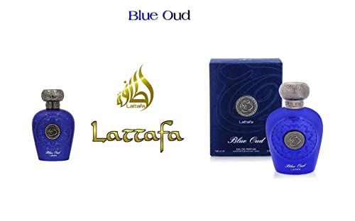 Perfume en spray Opulent Oud de Lattafa Halal Attar EDP, 100 ml, almizcle, color azul y negro