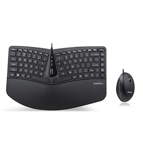 Perixx Periduo-406, Set de Teclado Compacto Ergonómico con Cable, separación de Teclas y Ratón Vertical con reposa muñeca Ajustable, Rueda de Deslizamiento, Layout Ingles US