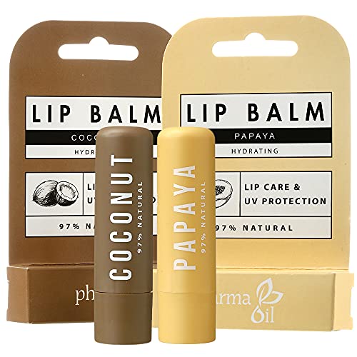 Pharma Oil Juego de bálsamo labial natural protector de coco y papaya, 2 x 5 g. Enriquecido con manteca de karité I Intensive Care I sin parabenos, no hay colores artificiales