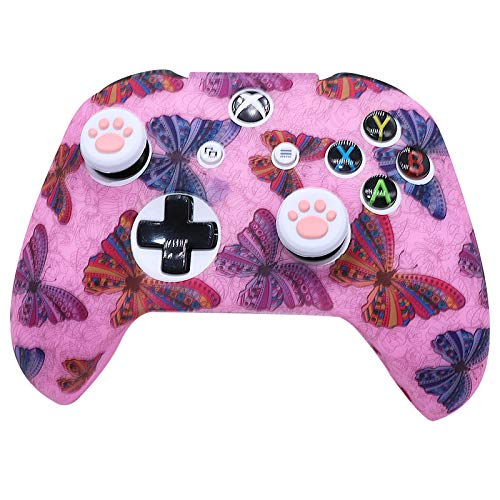 Pink XBox One Controller Skins RALAN, funda protectora de silicona para controlador XBOX ONOS (4 agarres de pulgar de color rosa, 2 agarres de la tapa del cráneo (mariposa)