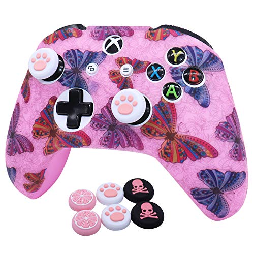 Pink XBox One Controller Skins RALAN, funda protectora de silicona para controlador XBOX ONOS (4 agarres de pulgar de color rosa, 2 agarres de la tapa del cráneo (mariposa)