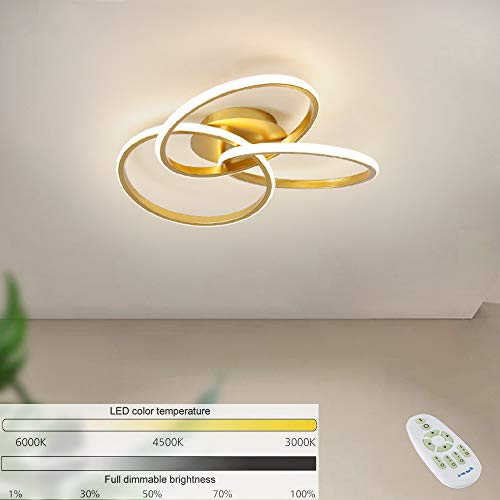 Plafón LED dorado Luz de dormitorio regulable Lámpara de techo de anillo redondo con control remoto 24W, diseño moderno Iluminación elegante para sala de estar apartamento cocina, Ø42cm