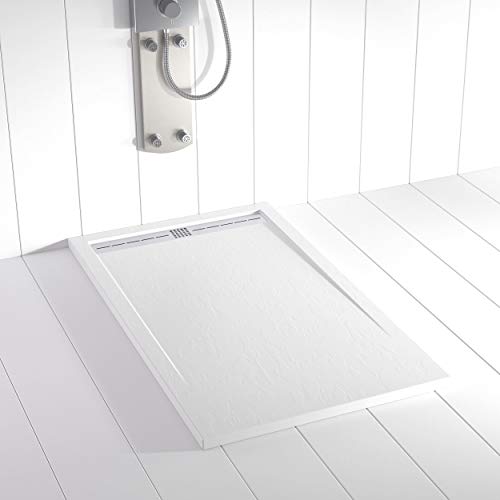 Plato de ducha Resina Shower Online FLOW - 70x120 - Textura Pizarra - Antideslizante - Blanco RAL 9003 - Incluye Rejilla Inox y Sifón - Todas las medidas disponibles