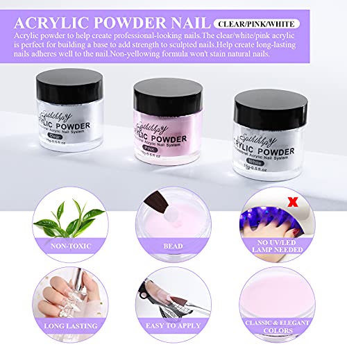 Polvos Acrílicos para Uñas set Colección，SPTHTHHPY Gel para Uñas Acrilico para Uñas ，Adecuado para Principiantes y Expertos，3 Color（Polvere Trasparente, Rosa, Bianco）No se Requiere Lámpara UV