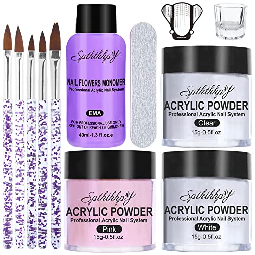 Polvos Acrílicos para Uñas set Colección，SPTHTHHPY Gel para Uñas Acrilico para Uñas ，Adecuado para Principiantes y Expertos，3 Color（Polvere Trasparente, Rosa, Bianco）No se Requiere Lámpara UV