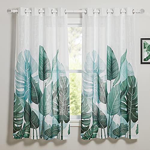 PONY DANCE - Cortina de Gasa de Lino Estampada con Hojas de Plátano Cortinas Salón y Dormitorio Plantas Verdes, A 132 x L 160 cm, 2 Piezas