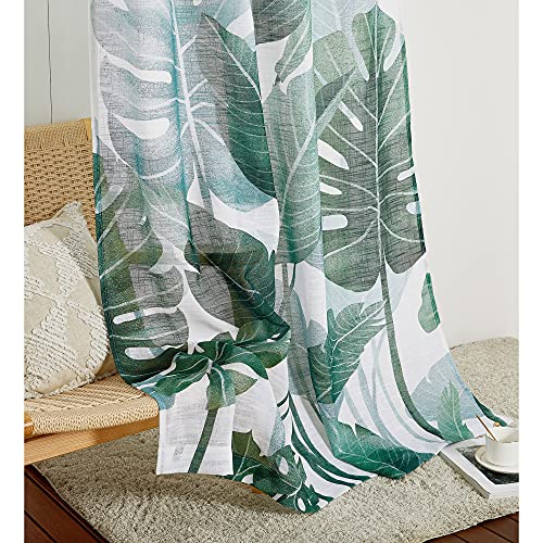 PONY DANCE - Cortina de Gasa de Lino Estampada con Hojas de Plátano Cortinas Salón y Dormitorio Plantas Verdes, A 132 x L 160 cm, 2 Piezas