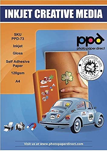 PPD A4 x 50 Hojas de Papel Fotográfico Autoadhesivo Brillante - Gramaje de 120 g/m² y Secado Instantáneo - Para Impresora de Inyección de Tinta Inkjet - PPD-73-50