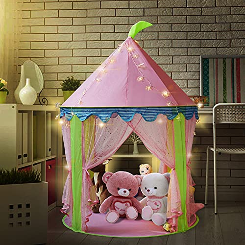 Princesa de la Muchacha Tienda del Castillo con 5 Metros con Pilas Decoración de Interior Luces de Hadas 50pcs LED Copos de Nieve iluminación -Pink Playhouse Pop up Tienda de campaña Sala d