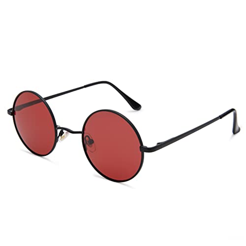 Pro Acme Gafas de sol polarizadas redondas pequeñas retro para hombres y mujeres estilo John Lennon, Marco negro | Lente rojo transparente, Medium