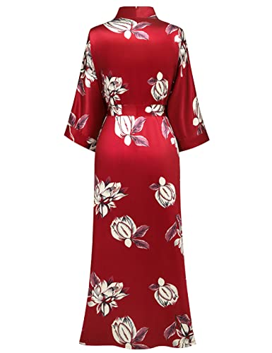 PRODESIGN Albornoz largo kimono para mujer, estampado floral, adelfa, ligero, Oleander - Rojo Vino, talla única