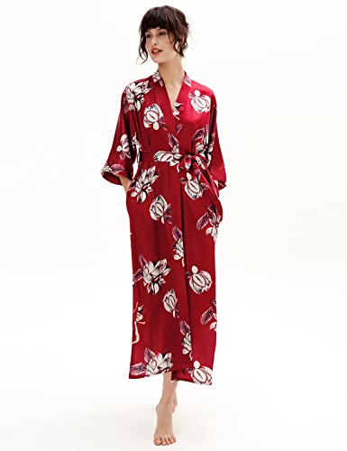 PRODESIGN Albornoz largo kimono para mujer, estampado floral, adelfa, ligero, Oleander - Rojo Vino, talla única